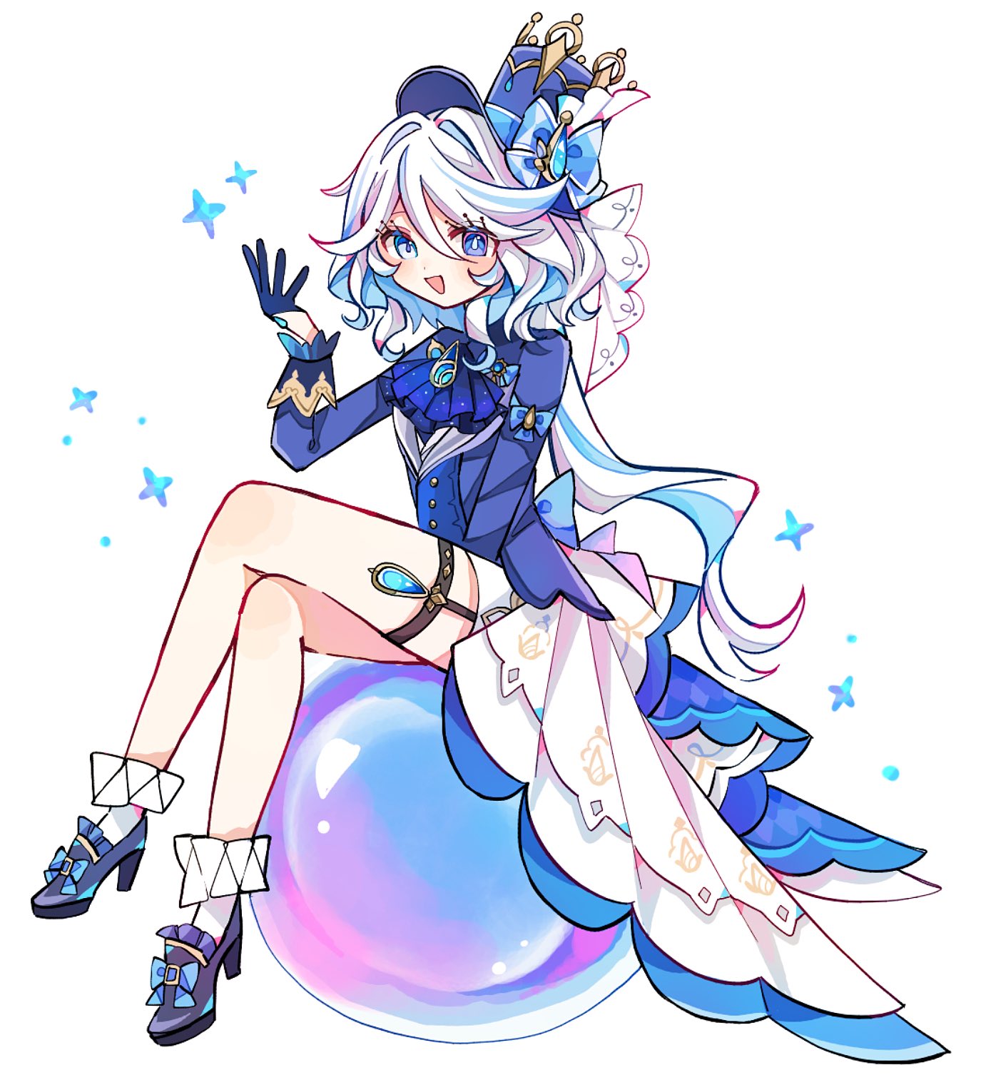tori26, furina (genshin impact), genshin impact, commentary, highres, 1girl, ascot, blue ascot, blue bow, blue eyes, blue gemstone, blue gloves, blue hat, blue jacket, blue pupils, blue shoes, blue streaks, bow, bubble, crossed legs, drop-shaped pupils, footwear bow, full body, gem, gloves, hair between eyes, hand up, hat, hat bow, heterochromia, high heels, jacket, long hair, long sleeves, looking at viewer, multicolored hair, on bubble, open mouth, ouji fashion, shoes, simple background, sitting, solo, streaked hair, symbol-shaped pupils, teardrop-shaped gem, thigh strap, top hat, very long hair, white background, white hair