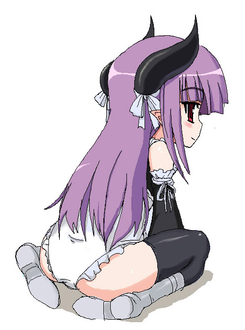 gallico, gyakushuu (series), gyakushuu 3, tagme, black thighhighs, demon girl, horns, pointy ears, purple hair, red eyes, simple background, sitting, solo, thighhighs, white background