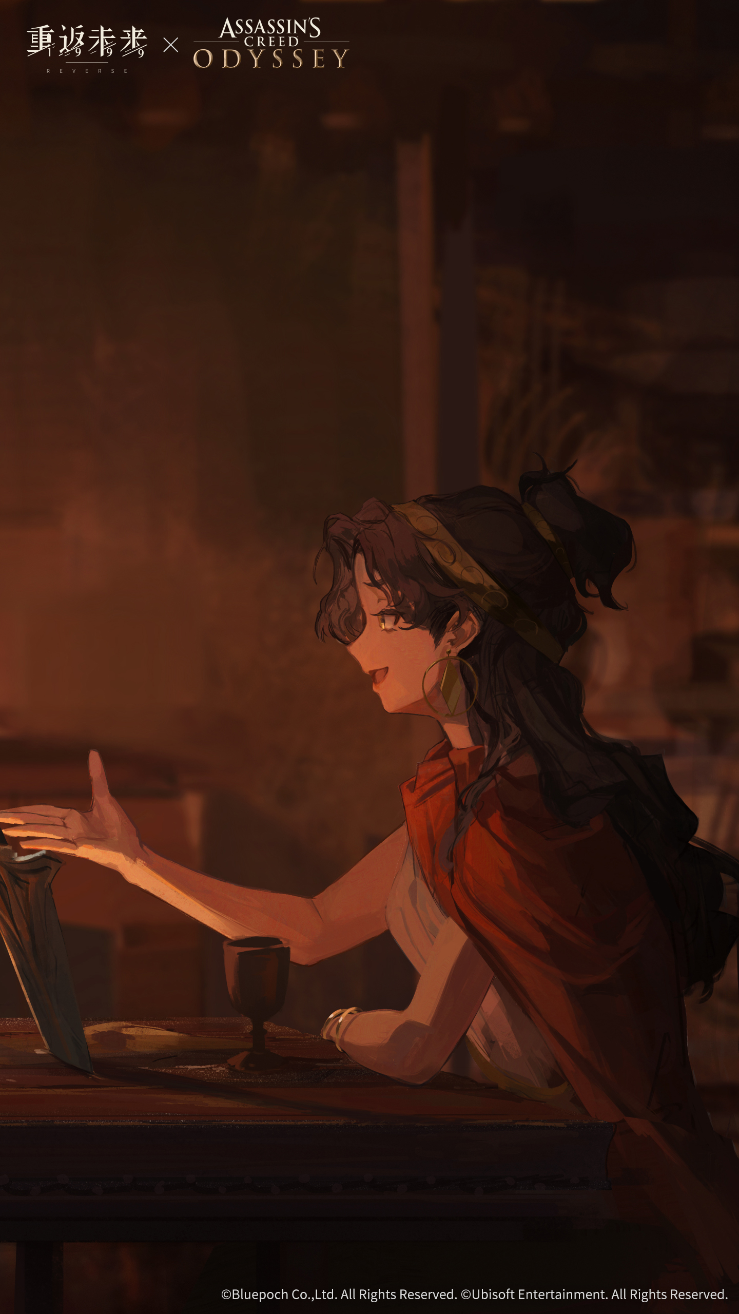 assassin's creed: odyssey, assassin's creed (series), reverse:1999, absurdres, highres, official art, official wallpaper, 1girl, bard (reverse:1999), blurry, blurry background, bracelet, broken spear, cape, copyright name, copyright notice, cup, earrings, half updo, hand up, indoors, jewelry, logo, long hair, open mouth, planted, planted polearm, polearm, ponytail, profile, red cape, sitting, solo, table, upper body, weapon, yellow eyes
