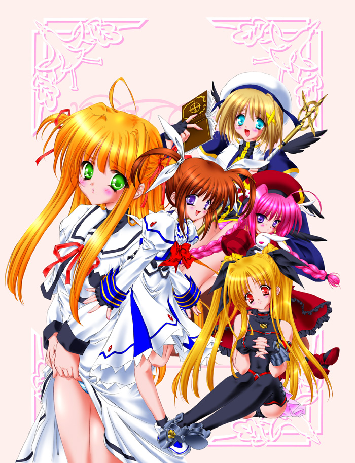 arisa bunnings, fate testarossa, fate testarossa (lightning form), schwertkreuz, takamachi nanoha, takamachi nanoha (sacred mode), tome of the night sky, vita (nanoha), yagami hayate, lyrical nanoha, mahou shoujo lyrical nanoha, mahou shoujo lyrical nanoha a's, black legwear, uniform, 00s, 5girls, :d, ahoge, beret, black dress, blonde hair, bow, bowtie, dress, green eyes, hat, long hair, long sleeves, looking at viewer, multiple girls, open mouth, pink hair, red bow, red bowtie, red eyes, sidelocks, sitting, smile, thighhighs, very long hair, white dress, yokozuwari