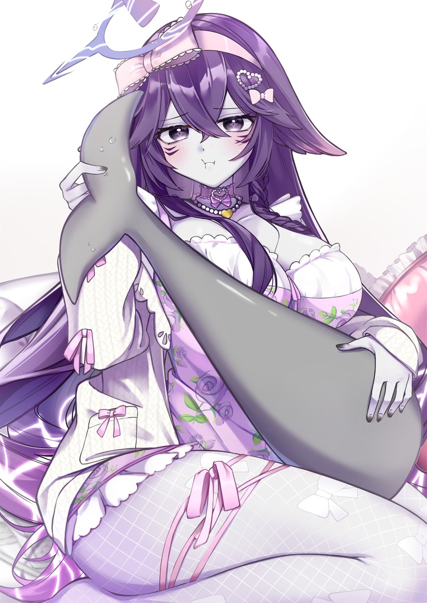 megalodon (vtuber), indie virtual youtuber, highres, 1girl, blush, bow, closed mouth, colored skin, eyelashes, fins, fish tail, fishnet pantyhose, fishnets, grey skin, hair between eyes, hair bow, hair ornament, hairband, halo, hand on own tail, heart, heart hair ornament, holding own tail, long hair, long sleeves, m kasuk601, pantyhose, pillow, pout, purple bow, purple eyes, purple hair, purple hairband, purple ribbon, ribbon, shark girl, shark tail, sitting, solo, tail, very long hair, virtual youtuber, water drop, white background, white bow