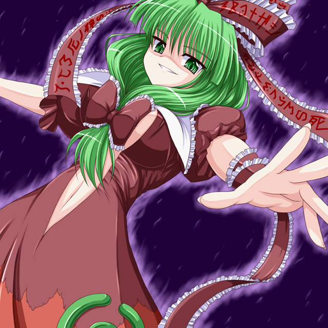 bococho, kagiyama hina, touhou, 1girl, bow, center opening, dress, evil smile, female focus, frills, front ponytail, green eyes, green hair, hair bow, looking at viewer, matching hair/eyes, navel, parted lips, puffy short sleeves, puffy sleeves, red bow, red dress, shawl, short sleeves, smile, solo, stomach, wrist cuffs