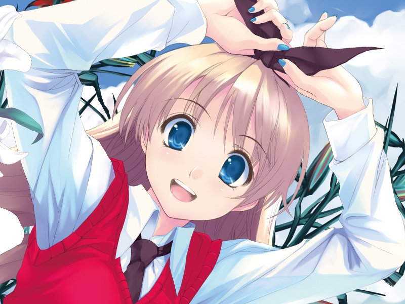 cradle (circle), misaki kurehito, original, 1girl, blue eyes, blue nails, bow, female focus, nail polish, necktie, open mouth, solo, vest