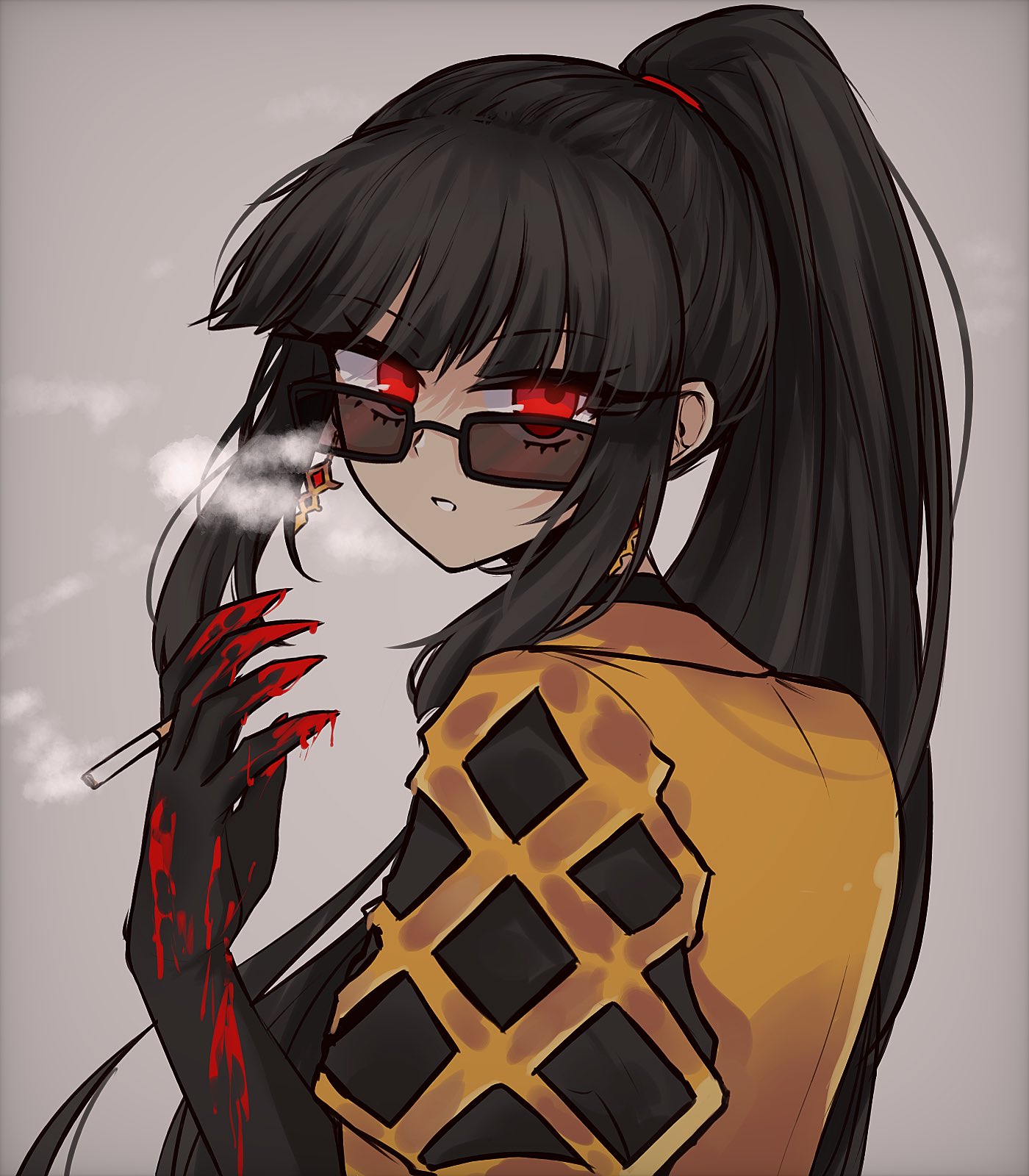 ryoshu (project moon), limbus company, project moon, highres, 1girl, aki xdd v2, black gloves, black hair, blood, blood on hands, blunt bangs, cigarette, claws, coat, contempt awe (e.g.o), e.g.o (project moon), earrings, gloves, grey background, hairband, holding, holding cigarette, jewelry, long hair, n corp. e.g.o (identity) (project moon), ponytail, red eyes, red hairband, sidelocks, simple background, smoke, smoking, solo, sunglasses, yellow coat