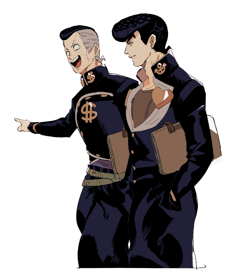 tirauraja, higashikata josuke, nijimura okuyasu, diamond wa kudakenai, jojo no kimyou na bouken, 2boys, anchor symbol, belt, black hair, black jacket, black pants, brooch, brown shirt, buttons, collared jacket, crew neck, cropped legs, dollar sign, eye contact, green belt, grey hair, heart, holding, jacket, jewelry, long sleeves, looking at another, male focus, multicolored hair, multiple belts, multiple boys, open clothes, open collar, open jacket, open mouth, outstretched arm, pants, parted lips, pompadour, popped collar, shirt, short hair, short sideburns, smile, striped belt, teeth, thick eyebrows, tongue, two-tone hair, upper teeth only, zipper