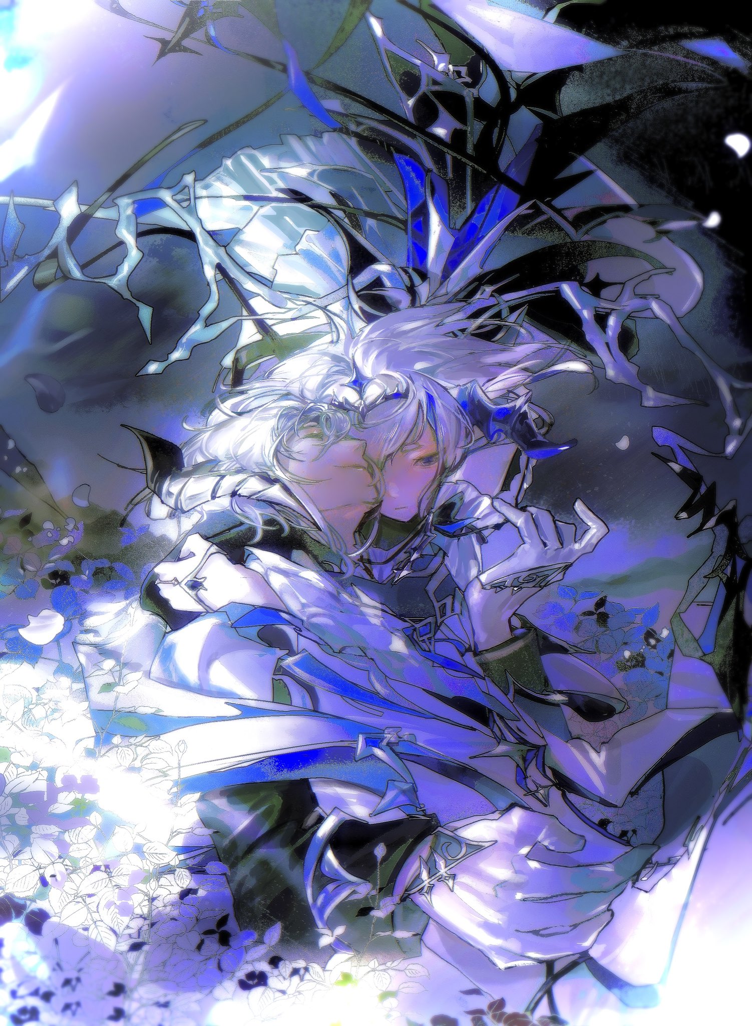 ciel (elsword), luciela r. sourcream, nihilida (elsword), elsword, highres, 1boy, 1girl, blue eyes, closed eyes, demon boy, demon girl, demon horns, demon tail, dress, flower, frilled dress, frilled sleeves, frills, gloves, half gloves, horns, hug, jewelry, long sleeves, lying, rosena11 12, tail, tiara, tyrannus (elsword), white hair, wings