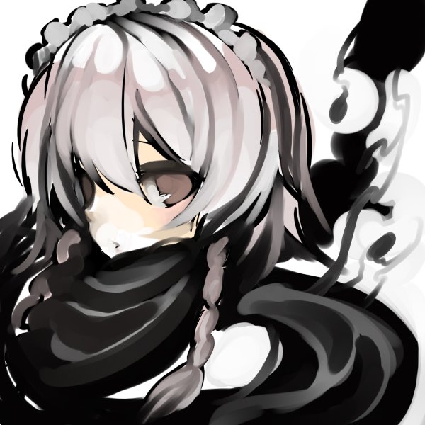 k (li), izayoi sakuya, perfect cherry blossom, touhou, silver hair, bad id, bad pixiv id, 1girl, braid, brown eyes, female focus, scarf, solo, twin braids, upper body, white background