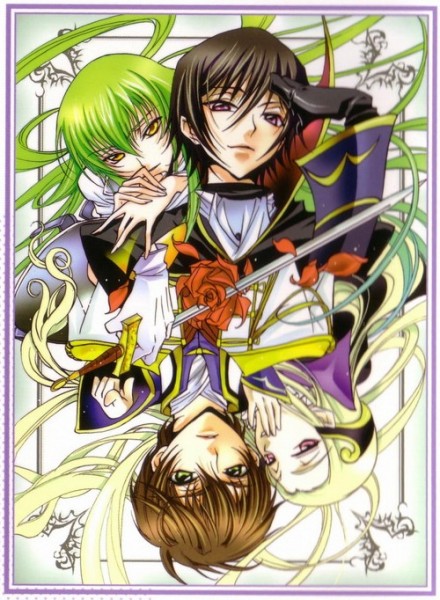 c.c., kururugi suzaku, lelouch vi britannia, v.v., code geass, 00s, 1girl, 3boys, black hair, blonde hair, evil smile, expressionless, green eyes, green hair, hug, long hair, looking at viewer, military, multiple boys, peeking, purple eyes, red eyes, smile, trap, upside-down, very long hair, yellow eyes