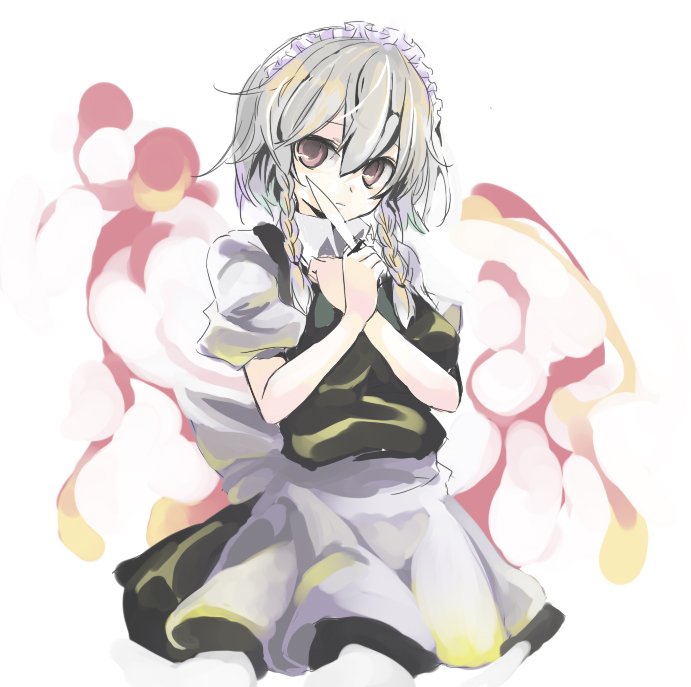 k (li), izayoi sakuya, touhou, silver hair, bad id, bad pixiv id, 1girl, braid, dress, female focus, knife, maid, maid headdress, pink eyes, solo, twin braids, white background