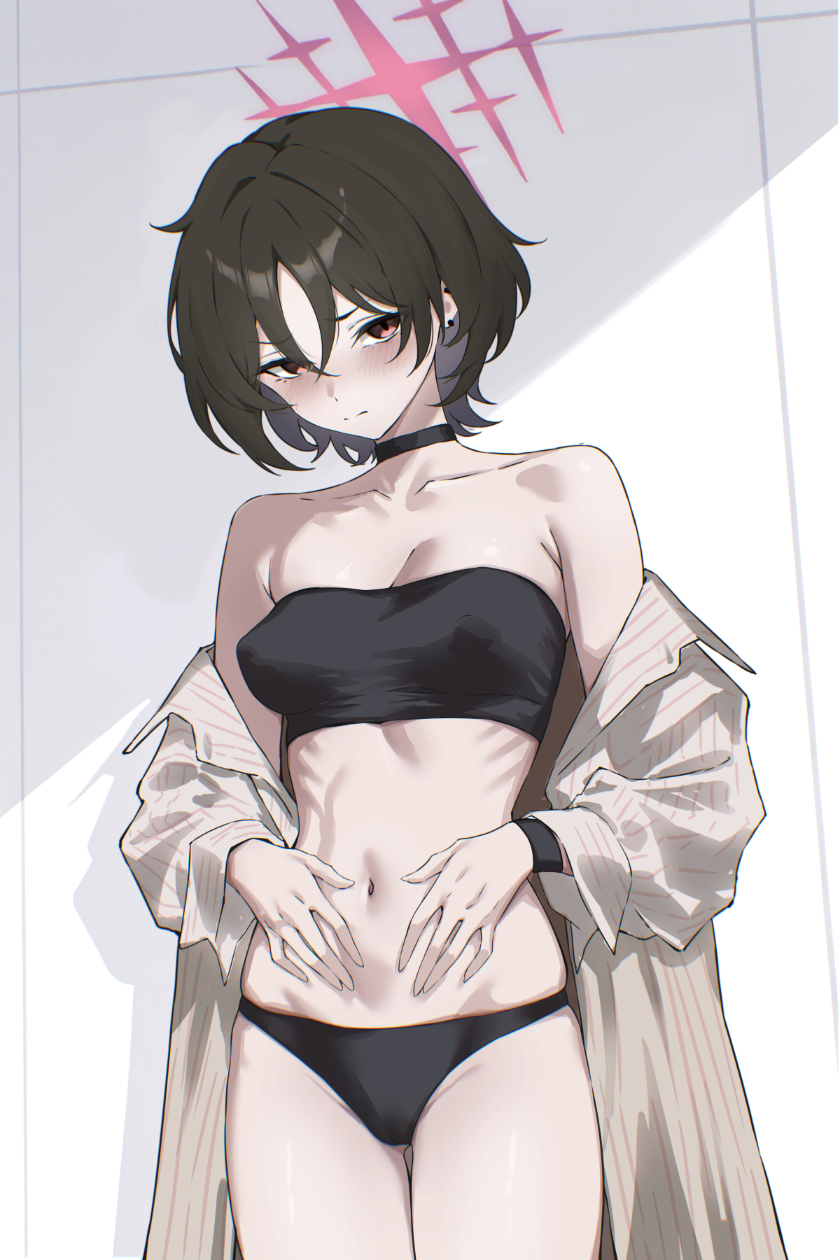 ei (eiei e1), misaki (blue archive), misaki (swimsuit) (blue archive), blue archive, highres, 1girl, bare shoulders, bikini, black bikini, black hair, blush, breasts, choker, cleavage, collarbone, covered erect nipples, grey shirt, halo, long sleeves, looking at viewer, navel, off shoulder, red eyes, shirt, short hair, solo, striped clothes, striped shirt, swimsuit, thighs