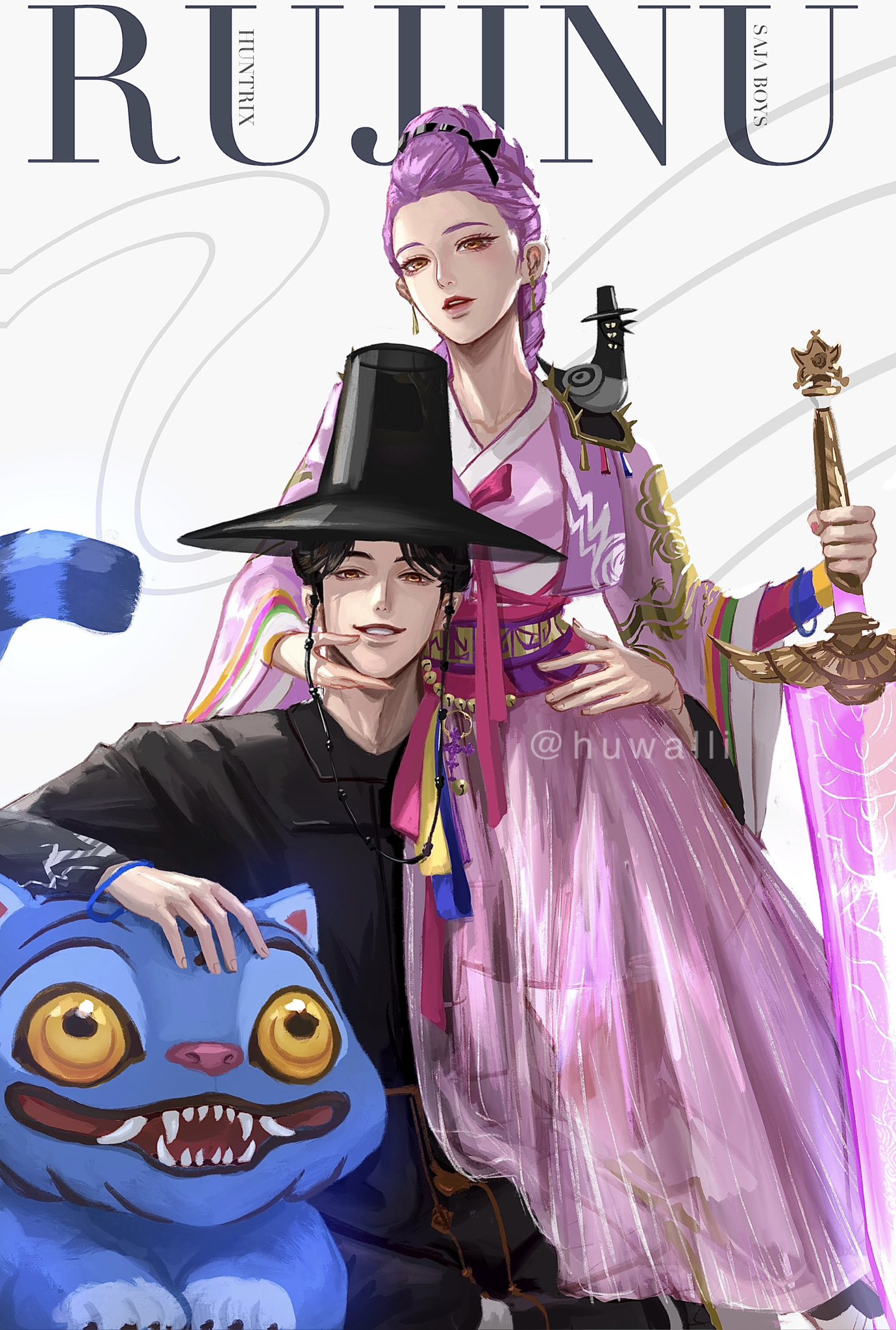 huwalli, derpy (kpop demon hunters), jinu (kpop demon hunters), rumi (kpop demon hunters), sussie (kpop demon hunters), kpop demon hunters, commentary, hashtag-only commentary, highres, symbol-only commentary, 1boy, 1girl, animal, animal on shoulder, bird, bird on shoulder, black hair, braid, braided ponytail, earrings, gat (hat), hanbok, hat, holding, holding sword, holding weapon, jewelry, korean clothes, looking at viewer, planted, planted sword, planted weapon, purple hair, smile, sword, tiger, twitter username, weapon