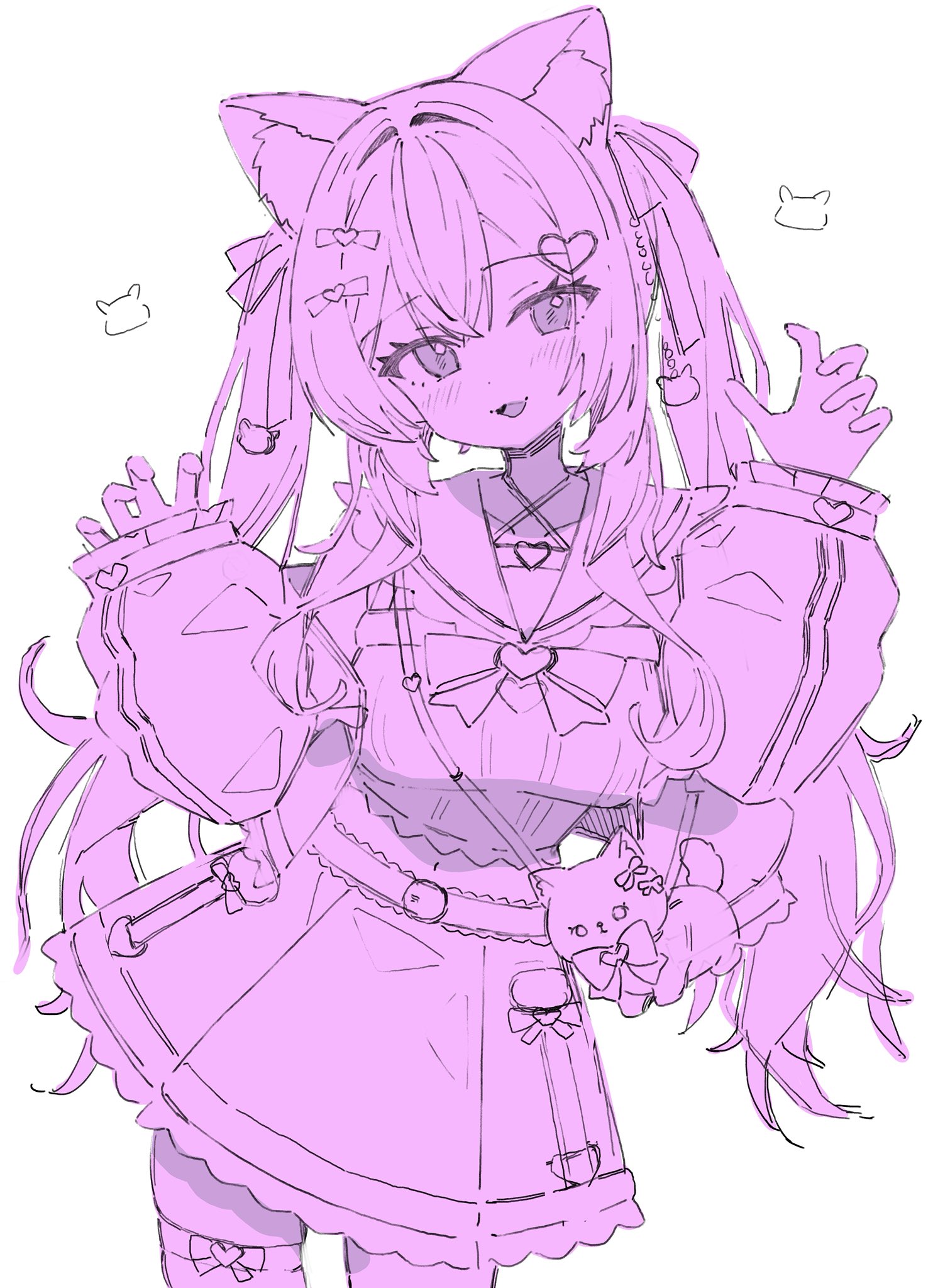 morumoru x, original, character request, check copyright, copyright request, highres, 1girl, :3, :d, animal bag, blush, bow, breasts, cleavage cutout, clothing cutout, collarbone, dot nose, dress, hair bow, hair intakes, hair ornament, halterneck, heart, heart hair ornament, jirai kei, long hair, long sleeves, looking at viewer, medium breasts, monochrome, open mouth, paw pose, pink theme, simple background, sleeves past wrists, smile, solo, thighhighs, twintails, white background
