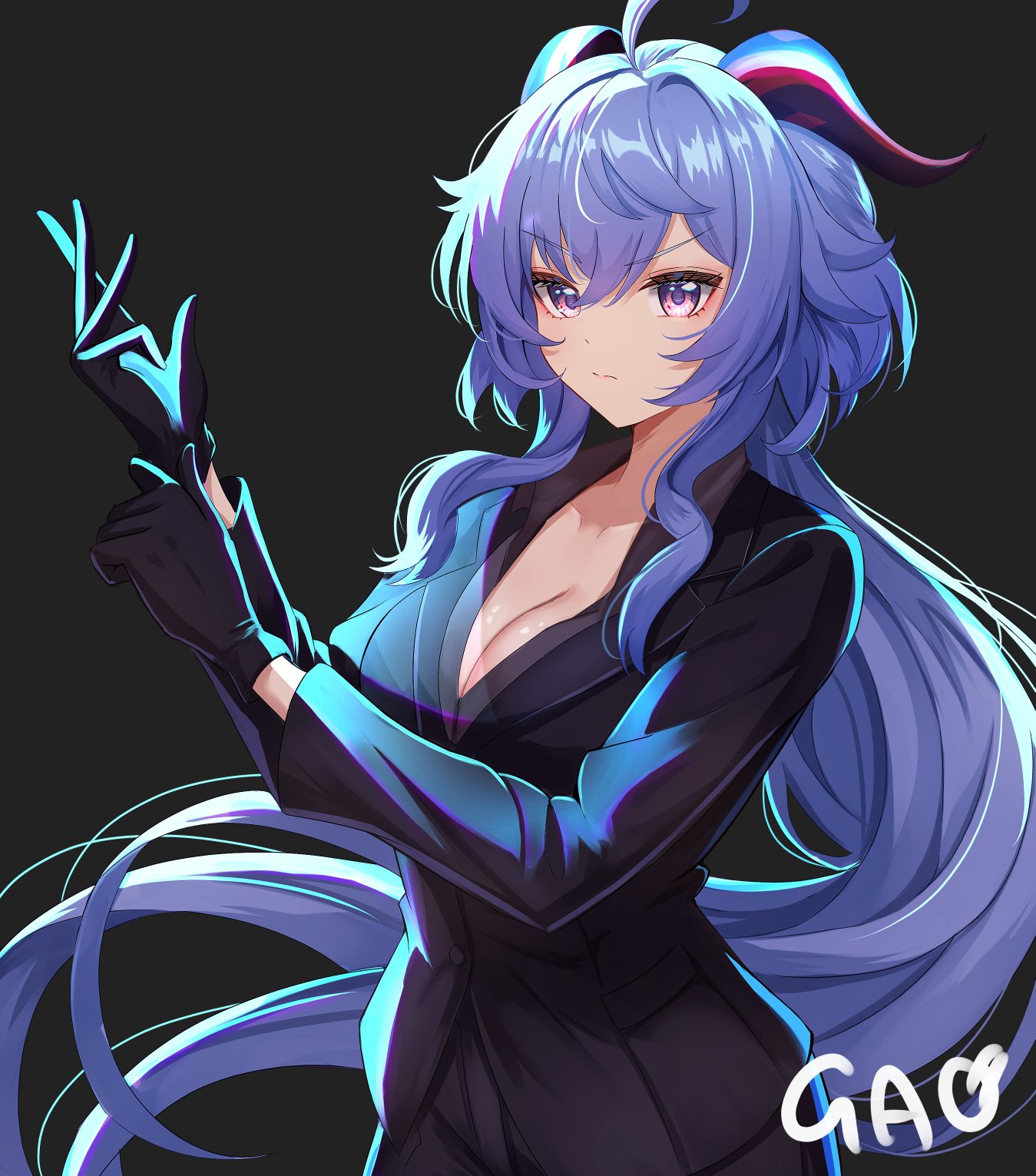 gao kawa, ganyu (genshin impact), genshin impact, commentary request, commission, highres, skeb commission, 1girl, adjusting clothes, adjusting gloves, ahoge, alternate costume, artist name, black background, black gloves, black jacket, blue hair, breasts, cleavage, closed mouth, collarbone, gloves, goat horns, hair between eyes, hands up, horns, jacket, large breasts, long hair, long sleeves, purple eyes, simple background, solo, suit jacket, very long hair