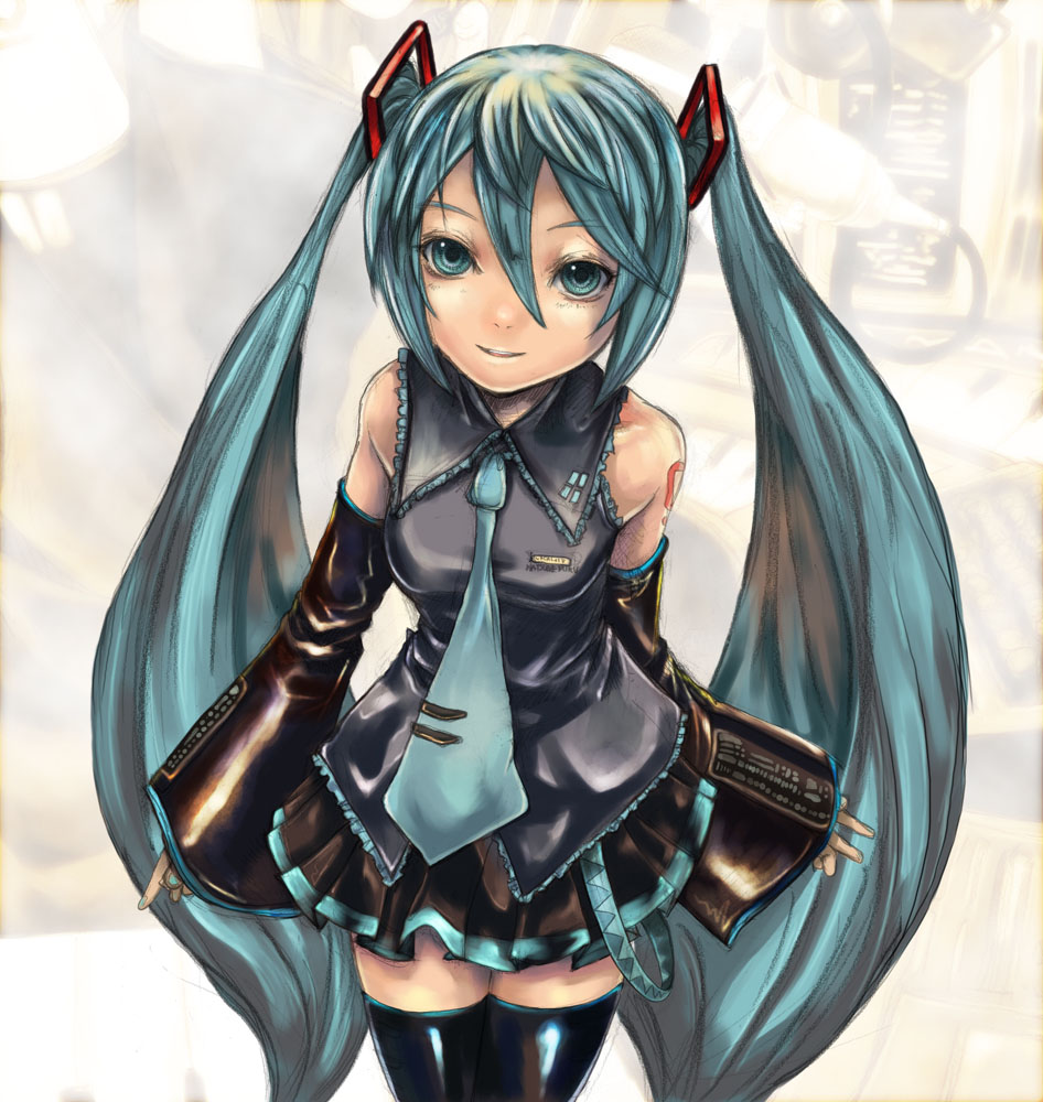 shaun, shaun (nine o), hatsune miku, vocaloid, bad id, bad pixiv id, 1girl, aqua hair, female focus, long hair, solo, thighhighs, twintails, very long hair, zettai ryouiki