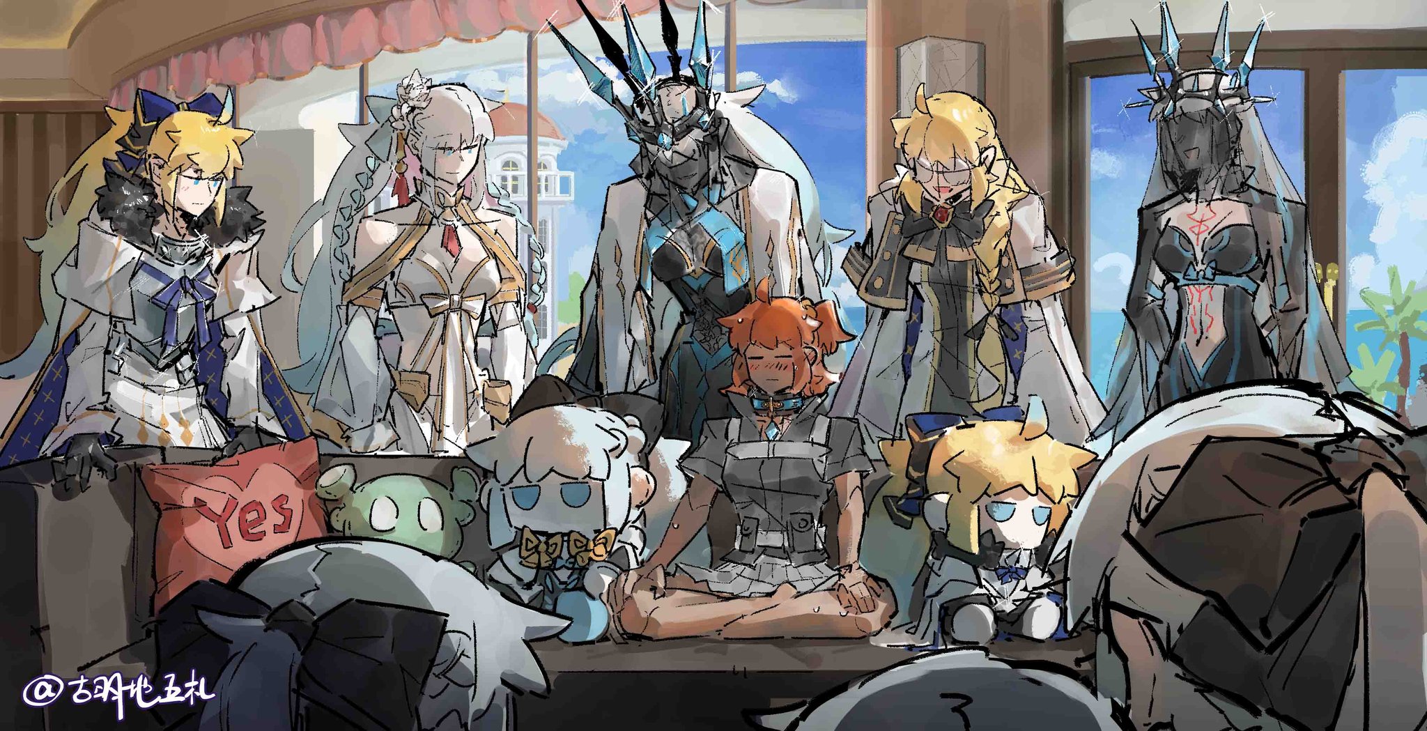 aesc (fate), aesc (rain witch) (fate), aesc (savior) (fate), fujimaru ritsuka (female), fujimaru ritsuka (female) (polar chaldea uniform), morgan le fay (fate), morgan le fay (fate/apocrypha), morgan le fay (queen of winter) (fate), morgan le fay (water princess) (fate), fate/apocrypha, fate/grand order, fate (series), highres, 6+girls, ahoge, armor, armored dress, bare shoulders, bikini, black bow, black dress, black fur, black gloves, black veil, blonde hair, blue eyes, blush, bow, braid, braided bun, breastplate, breasts, cape, casting couch, chaldea logo, character doll, cleavage, cloak, clothing cutout, collar, couch, crown, detached sleeves, doll, dress, flower, fur-trimmed cape, fur-trimmed cloak, fur trim, glasses, gloves, gold trim, green eyes, grey hair, hair bow, hair bun, hair flower, hair ornament, hair ribbon, hair scrunchie, half up braid, imminent gangbang, indian style, large breasts, long hair, long sleeves, meme, mogukong 1238, multicolored cloak, multiple girls, multiple persona, on couch, one side up, open mouth, orange hair, piper perri surrounded (meme), ponytail, ribbon, robe, round eyewear, scene reference, scrunchie, short hair, side ponytail, sidelocks, sitting, skirt, smile, spiked armor, stomach cutout, stomach tattoo, stuffed toy, surrounded, swimsuit, tattoo, two-sided bow, two-tone dress, two-tone sleeves, veil, very long hair, white bikini, white cape, white cloak, white hair, white robe, wide brim, yellow scrunchie, you gonna get raped