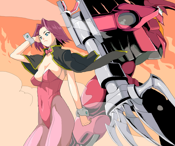 shin'ya (shin'yanchi), guren (code geass), guren mk-ii, kouzuki kallen, code geass, 00s, animal ears, blue eyes, bow, bowtie, breasts, cleavage, detached collar, fake animal ears, leotard, mecha, oekaki, pantyhose, pink pantyhose, playboy bunny, rabbit ears, red hair, robot, seamed legwear, short hair, solo, wrist cuffs