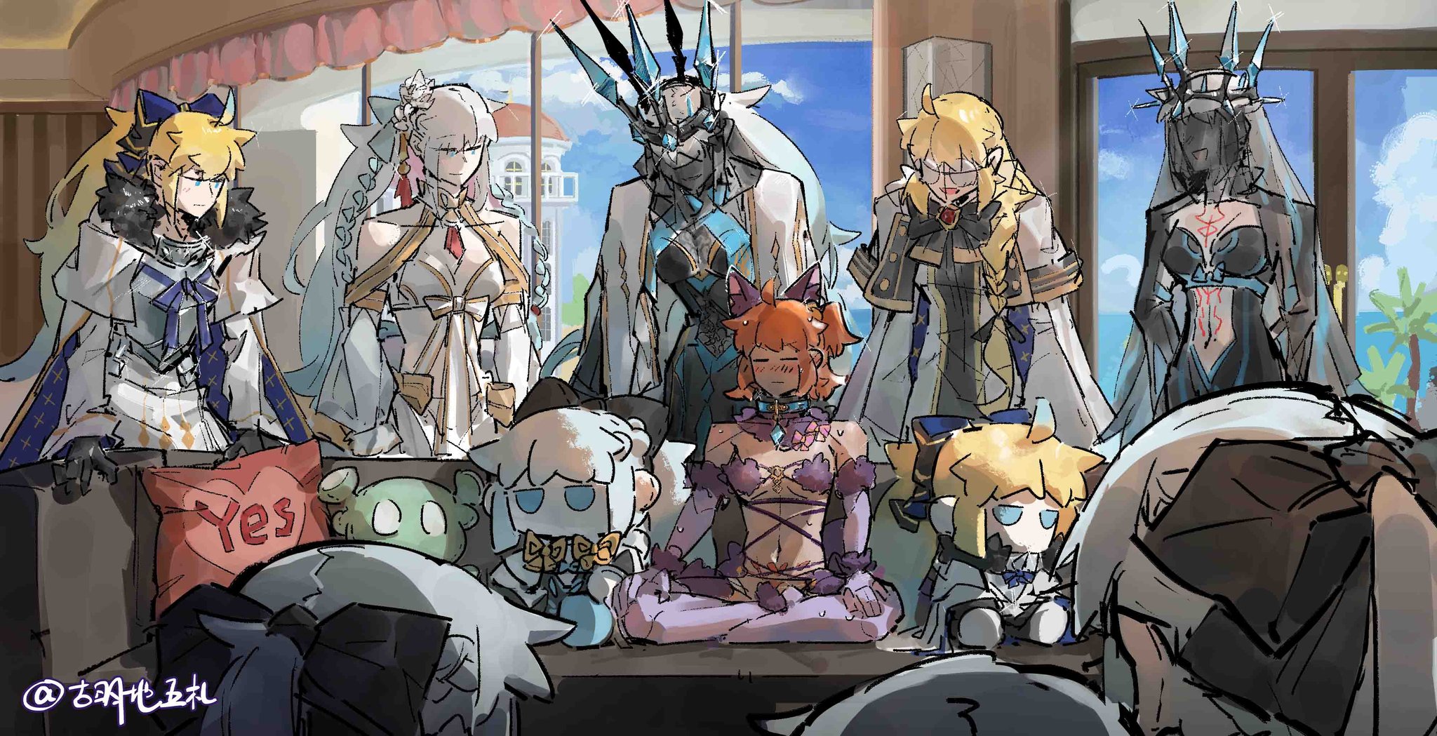 aesc (fate), aesc (rain witch) (fate), aesc (savior) (fate), fujimaru ritsuka (female), mash kyrielight, mash kyrielight (dangerous beast), morgan le fay (fate), morgan le fay (fate/apocrypha), morgan le fay (queen of winter) (fate), morgan le fay (water princess) (fate), fate/apocrypha, fate/grand order, fate (series), highres, 6+girls, ahoge, animal ears, armor, armored dress, bare shoulders, bikini, black bow, black dress, black fur, black gloves, black veil, blonde hair, blue eyes, blush, bow, braid, braided bun, breastplate, breasts, cape, casting couch, character doll, cleavage, cloak, clothing cutout, cosplay, couch, crown, detached sleeves, doll, dress, elbow gloves, flower, fur-trimmed cape, fur-trimmed cloak, fur-trimmed gloves, fur-trimmed legwear, fur-trimmed thighhighs, fur bikini, fur collar, fur trim, glasses, gloves, gold trim, green eyes, grey hair, hair bow, hair bun, hair flower, hair ornament, hair ribbon, hair scrunchie, half up braid, halloween costume, imminent gangbang, indian style, large breasts, long hair, long sleeves, mash kyrielight (dangerous beast) (cosplay), meme, mogukong 1238, multicolored cloak, multiple girls, multiple persona, o-ring, on couch, one side up, open mouth, orange hair, piper perri surrounded (meme), ponytail, purple gloves, purple thighhighs, revealing clothes, ribbon, robe, round eyewear, scene reference, scrunchie, side ponytail, sidelocks, sitting, smile, spiked armor, stomach cutout, stomach tattoo, stuffed toy, surrounded, swimsuit, tattoo, thighhighs, two-sided bow, two-tone dress, two-tone sleeves, veil, very long hair, white bikini, white cape, white cloak, white hair, white robe, wide brim, wolf ears, yellow scrunchie, you gonna get raped