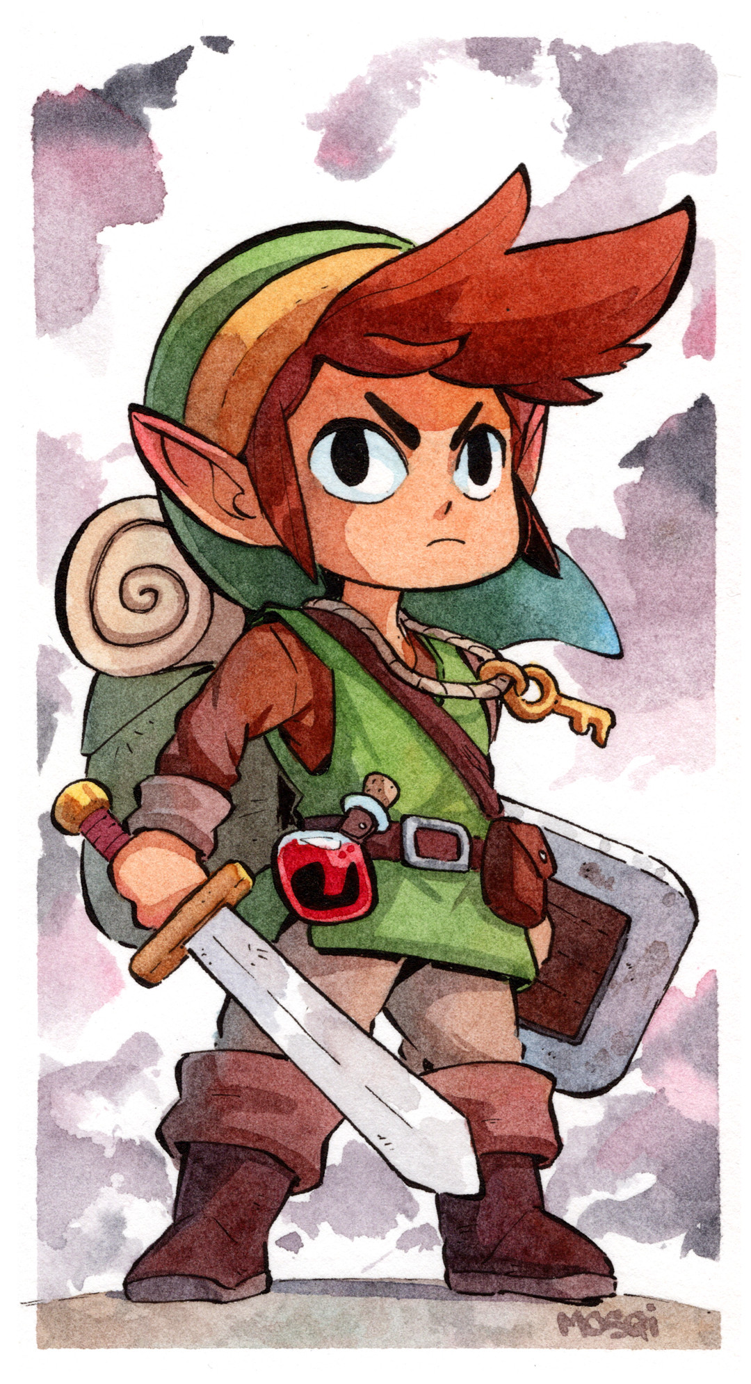 mosqi, link, nintendo, the legend of zelda, commentary, highres, painting (medium), traditional media, watercolor (medium), 1boy, artist name, backpack, bag, belt, boots, brown boots, brown hair, flask, full body, green hat, green tunic, hat, holding, holding shield, holding sword, holding weapon, key, looking at viewer, male focus, pointy ears, shield, solo, sword, tunic, v-shaped eyebrows, weapon