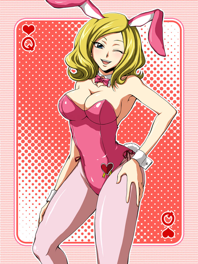 mokku, milly ashford, code geass, bad id, bad pixiv id, 00s, 1girl, animal ears, blonde hair, blue eyes, blush, breasts, cleavage, fake animal ears, female focus, leotard, one eye closed, pantyhose, playboy bunny, rabbit ears, solo, wink