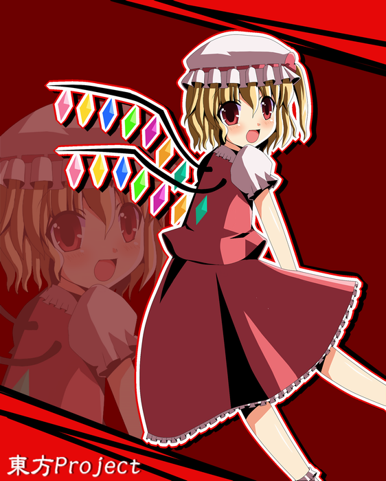 shiraki ai, flandre scarlet, touhou, bad id, bad pixiv id, 1girl, :d, blonde hair, blush, crystal, dress, female focus, hat, mob cap, open mouth, puffy short sleeves, puffy sleeves, red background, red dress, red eyes, short sleeves, simple background, smile, solo, tareme, white hat, wings, zoom layer