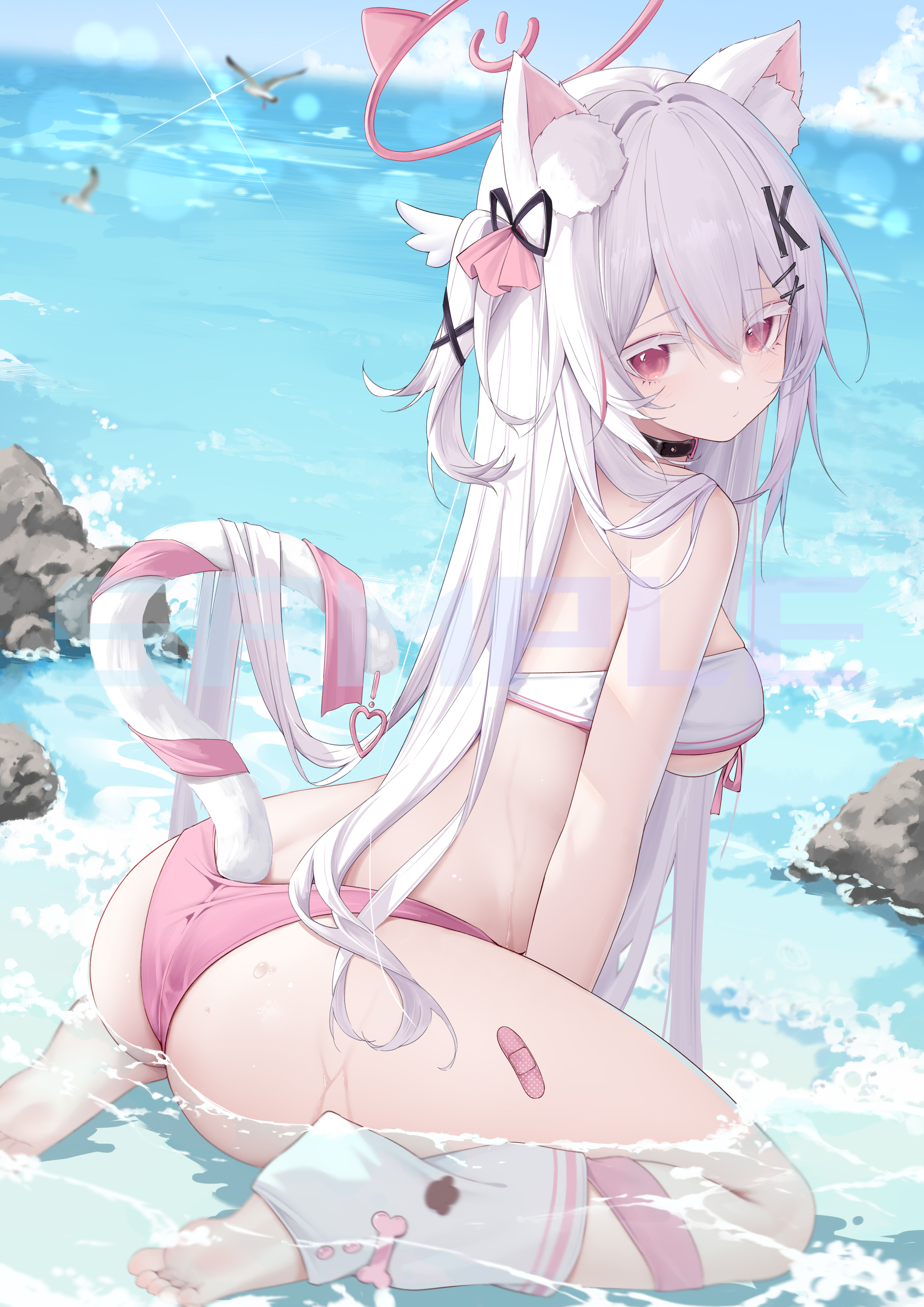 shixuexiao, original, absurdres, commentary request, highres, 1girl, animal ear fluff, animal ears, ass, bandaid on thigh, barefoot, belt collar, bikini, bird, blue sky, breasts, cat ears, cat girl, cat tail, closed mouth, collar, halo, horizon, lens flare, long hair, looking at viewer, medium breasts, ocean, pink bikini, pink eyes, pink halo, rock, seagull, shallow water, sitting, sky, solo, swimsuit, tail, wariza, water, white hair