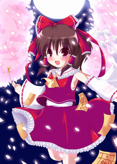 shiraki ai, hakurei reimu, touhou, bad id, bad pixiv id, 1girl, bow, cherry blossoms, female focus, hair bow, japanese clothes, miko, nature, outdoors, plant, red bow, skirt, sky, solo