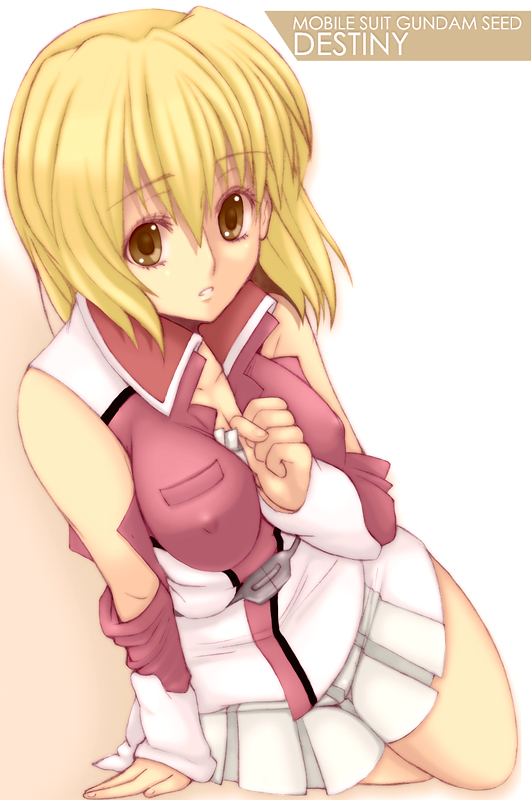 kannagi kaname, stellar loussier, gundam, gundam seed, gundam seed destiny, bad id, bad pixiv id, 00s, 1girl, belt, blonde hair, breasts, covered erect nipples, detached sleeves, female focus, gradient background, military, military uniform, short hair, skirt, solo, yellow eyes