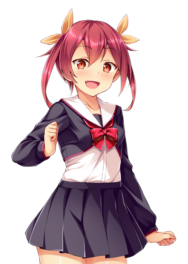 satou kuuki, game cg, large variant set, non-web source, official art, variant set, 1girl, :d, black skirt, black thighhighs, blush, bow, bowtie, collarbone, cowboy shot, fang, fujii natsumi (ysphere), hair between eyes, hair ribbon, long hair, long sleeves, looking at viewer, miniskirt, open mouth, pleated skirt, red bow, red bowtie, red eyes, red hair, ribbon, sailor collar, school uniform, shirt, simple background, skirt, smile, solo, soukou seiki ysphere, standing, thighhighs, transparent background, twintails, white background, white sailor collar, white shirt, yellow ribbon, zettai ryouiki