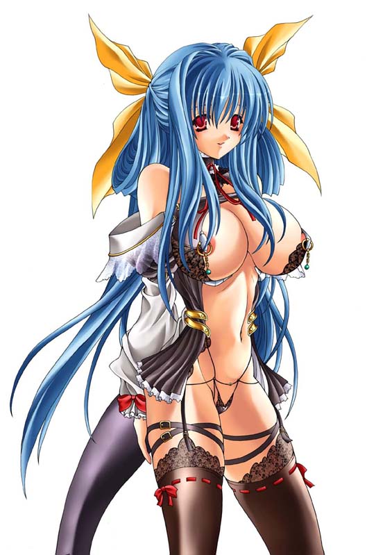 shujin, dizzy (guilty gear), arc system works, guilty gear, lace-trimmed legwear, 1girl, blue hair, breasts, cleavage, detached sleeves, female focus, huge breasts, lace, lace trim, large breasts, lingerie, long hair, nipples, red eyes, ribbon, simple background, solo, tail, thighhighs, twintails, underwear, white background