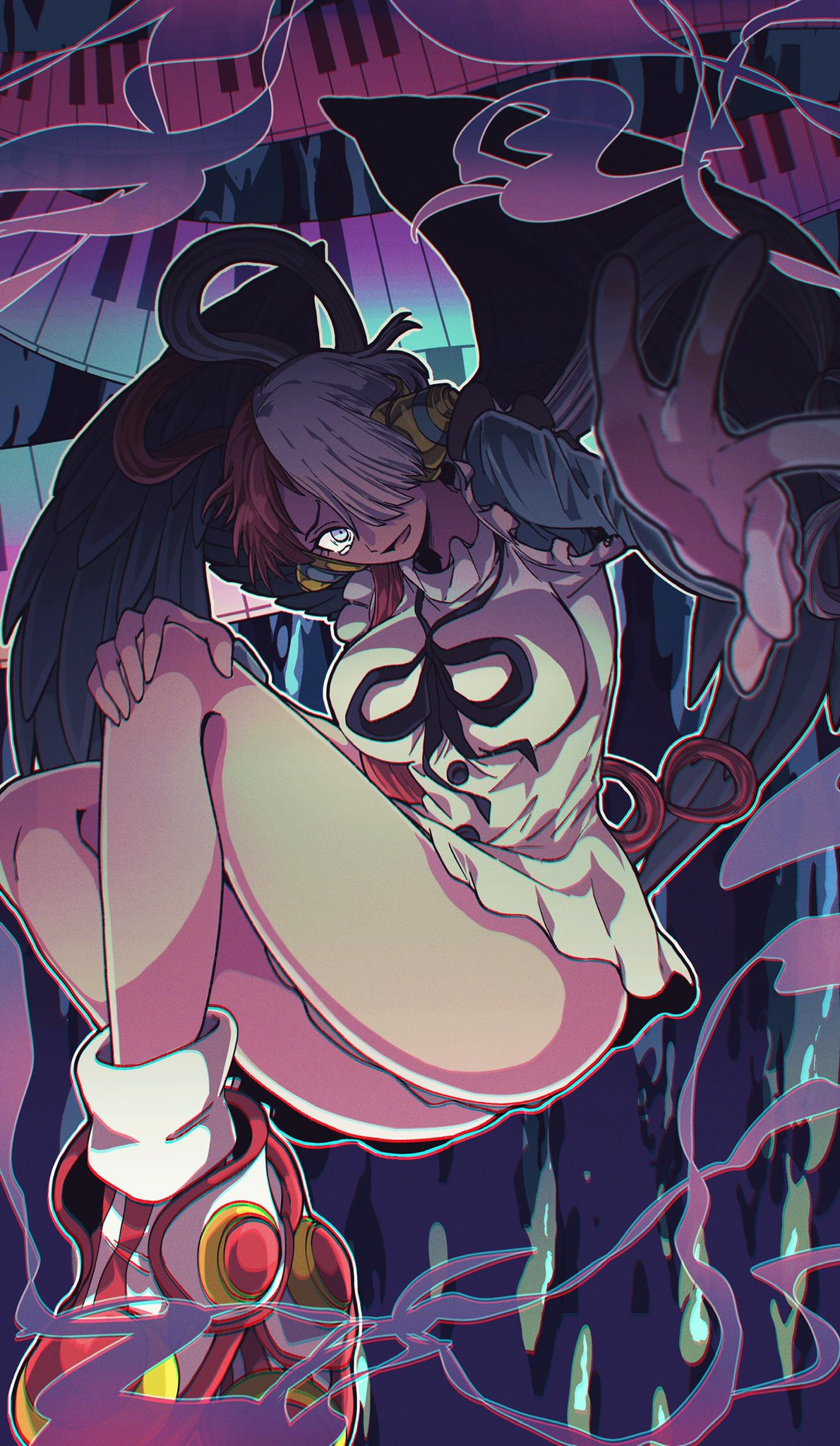 otyumamii, uta (one piece), one piece, one piece film: red, commentary request, highres, 1girl, ankle boots, behind-the-head headphones, black ribbon, black wings, blue eyes, blue sleeves, boots, breasts, chromatic aberration, dress, feathered wings, floating hair, hair over one eye, hair rings, hand on own knee, headphones, large breasts, looking at viewer, multicolored hair, open mouth, piano keys, reaching, reaching towards viewer, red hair, ribbon, single sleeve, smoke, solo, split-color hair, tears, two-tone hair, white dress, white hair, wings