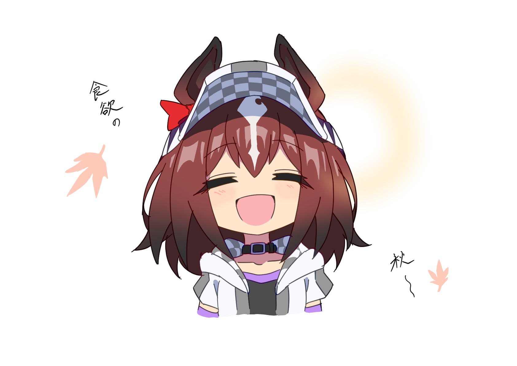 kuman bachi, do deuce (racehorse), original, umamusume, highres, 1girl, animal ears, autumn leaves, black choker, bow, brown hair, buckle, checkered clothes, choker, closed eyes, ear bow, hood, hoodie, horse ears, horse girl, leaf, light blush, multicolored hair, solo, two-tone hair, visor cap