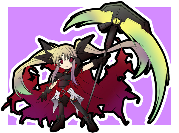 aoi wakusei, bardiche (nanoha), bardiche (scythe form) (nanoha), fate testarossa, fate testarossa (original form), lyrical nanoha, mahou shoujo lyrical nanoha, 00s, 1girl, belt, black dress, blonde hair, bodysuit, buckle, dress, female focus, gradient hair, huge weapon, long hair, looking at viewer, multicolored hair, pink hair, red eyes, scythe, sidelocks, skin tight, solo, standing, thighhighs, very long hair, weapon