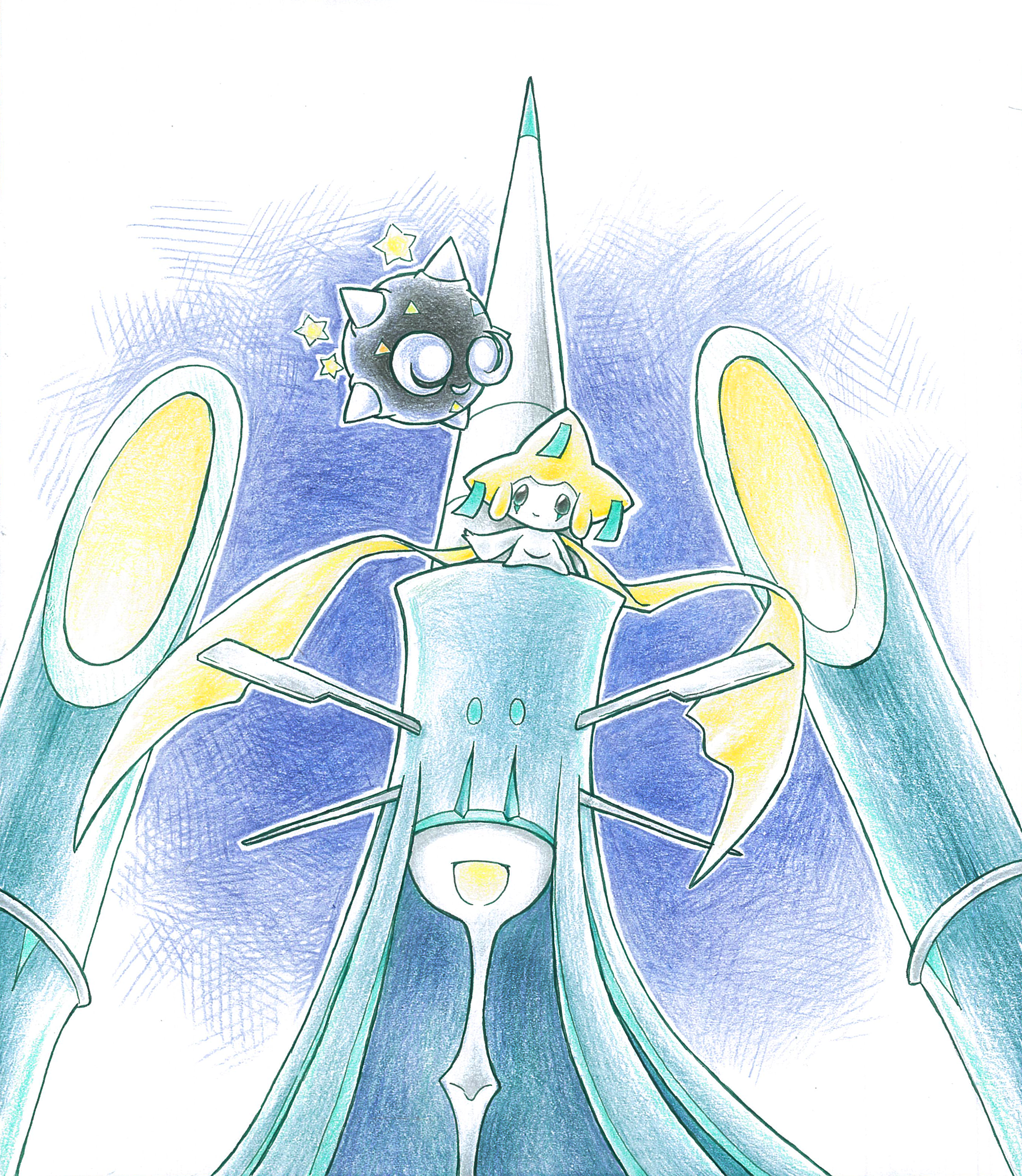 kokyuuki (6345), celesteela, jirachi, minior, minior (core), nintendo, pokemon, commentary request, highres, traditional media, alternate color, closed mouth, covered eyes, floating, gen 3 pokemon, gen 7 pokemon, legendary pokemon, mythical pokemon, on head, open mouth, outline, pokemon (creature), pokemon on head, shiny pokemon, smile, star (symbol), ultra beast, white outline
