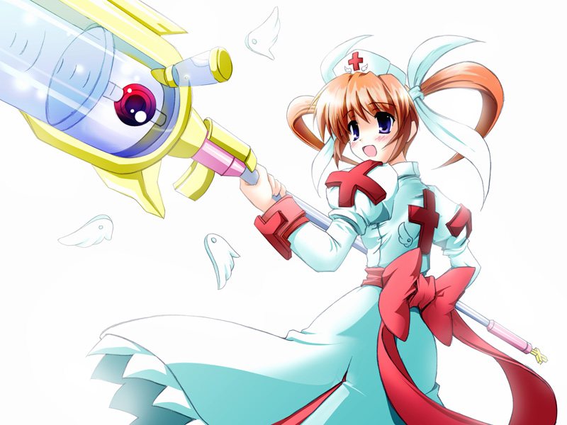 aoi wakusei, raising heart, takamachi nanoha, lyrical nanoha, mahou shoujo lyrical nanoha, 1girl, alternate costume, alternate weapon, cosplay, female focus, hat, large syringe, magazine (weapon), magical girl, nurse, nurse cap, oversized object, purple eyes, red hair, solo, syringe, twintails, weapon