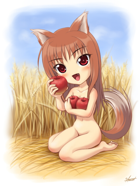 kagehara hanzou, holo, spice and wolf, 00s, 1girl, animal ears, apple, barefoot, brown hair, chibi, fang, female focus, food, fruit, holding, holding food, holding fruit, long hair, nature, nude, nudist, red eyes, solo, tail, wheat, wolf ears, wolf tail