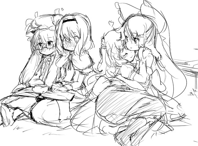 randou, alice margatroid, hakurei reimu, kirisame marisa, patchouli knowledge, touhou, 4girls, bespectacled, blush, couple, cuddling, female focus, glasses, greyscale, hat, monochrome, multiple girls, sketch, white background, yuri