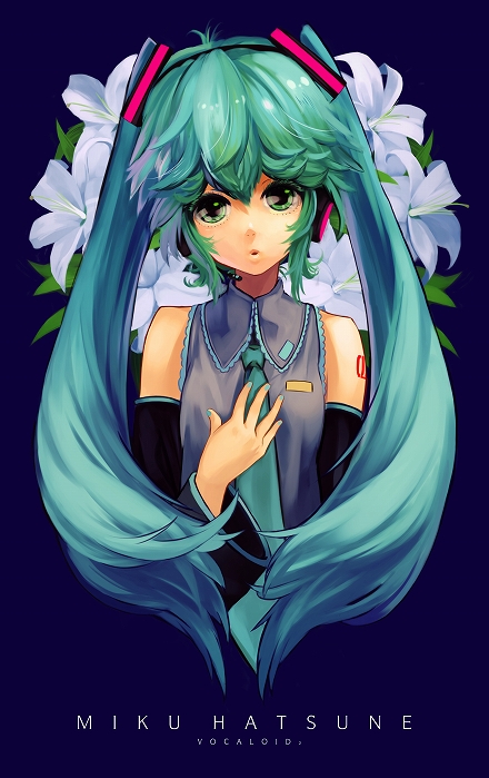 siro (asteblanc), hatsune miku, vocaloid, bad id, bad pixiv id, 1girl, :o, alternate hairstyle, aqua hair, aqua nails, bare shoulders, detached sleeves, female focus, floral background, flower, hand on own chest, lily (flower), long hair, nail polish, necktie, sidelocks, solo, twintails, upper body