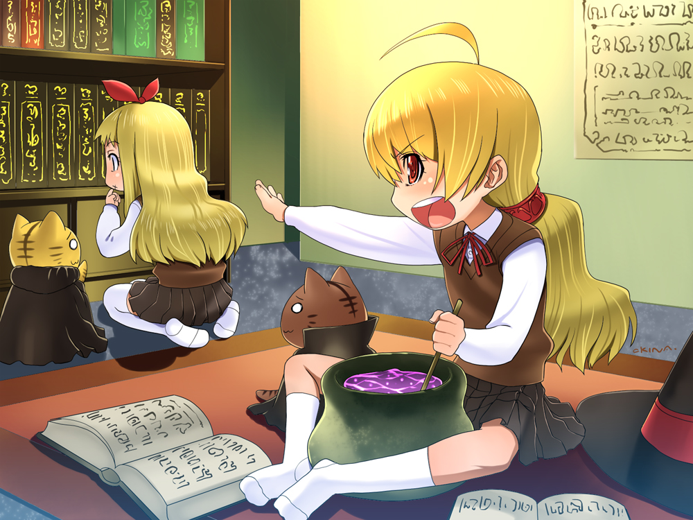 okina ika, original, 2girls, blonde hair, book, cat, multiple girls, red eyes, school uniform, serafuku, thighhighs