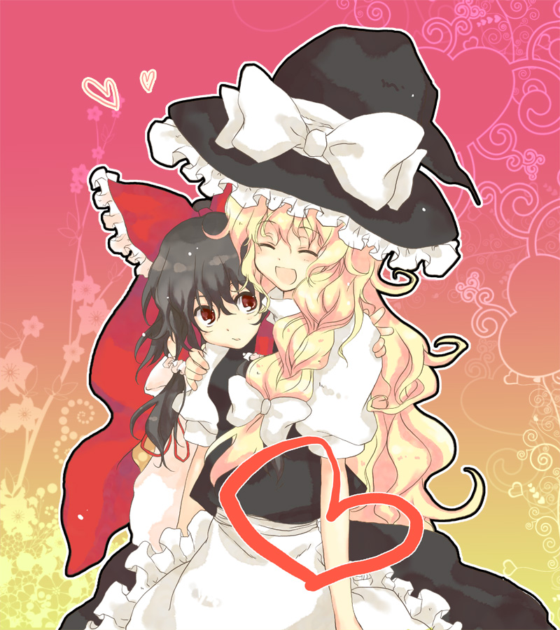akarino, akarino (yucco), hakurei reimu, kirisame marisa, touhou, 2girls, :d, ^ ^, apron, blonde hair, bow, brown eyes, brown hair, closed eyes, cowboy shot, embellished costume, female focus, frills, gradient background, hair bow, hat, heart, hug, multiple girls, open mouth, puffy short sleeves, puffy sleeves, red bow, short sleeves, simple background, smile, waist apron, white bow, witch hat, yuri