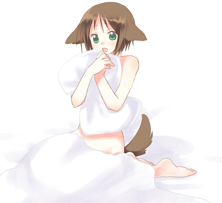 yuuma (omaeno meinichi), bad id, bad pixiv id, animal ears, brown hair, dog ears, green eyes, pillow, solo, tail
