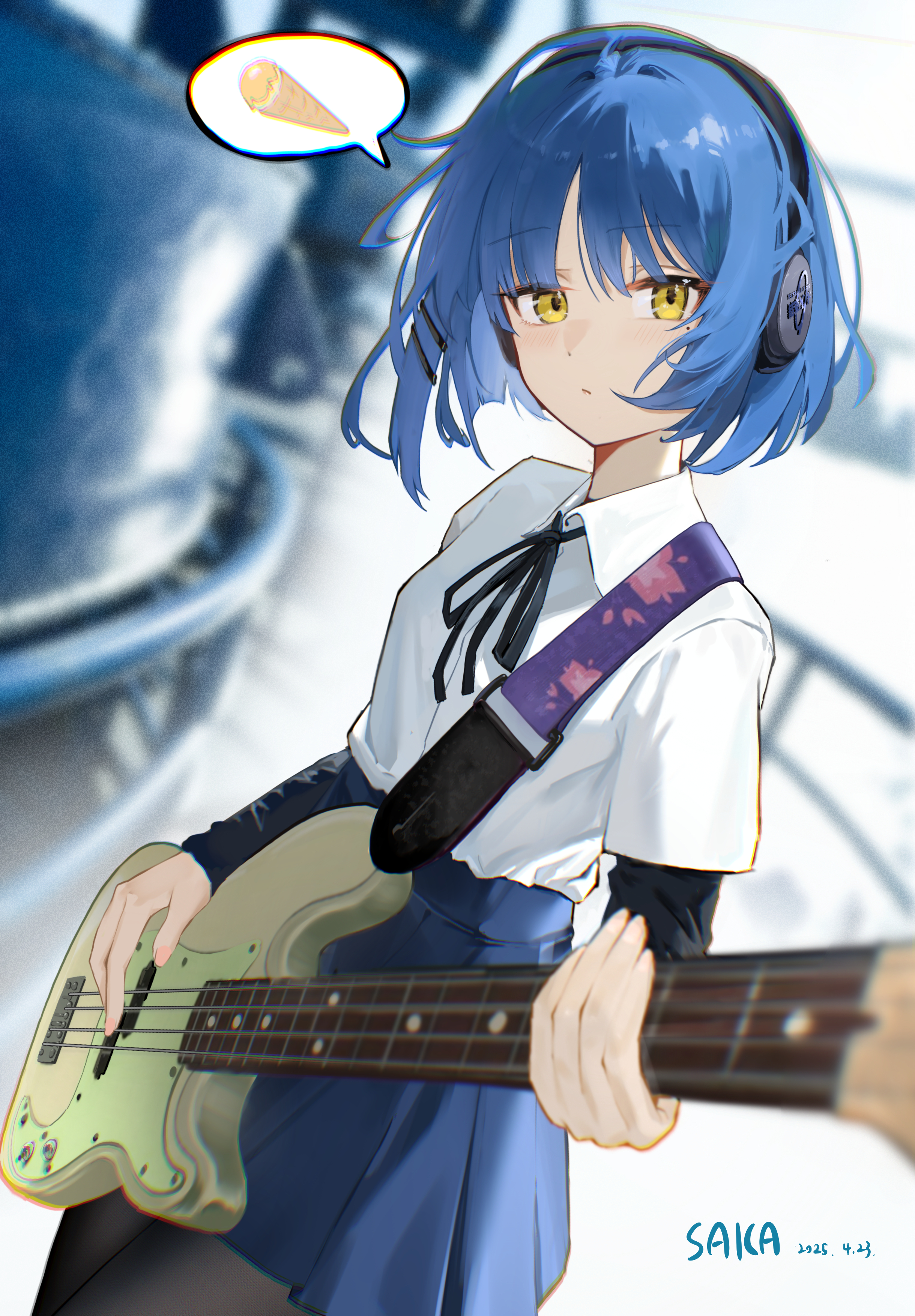 saka-0v0, yamada ryo, bocchi the rock!, absurdres, commentary request, highres, 1girl, artist name, black pantyhose, black ribbon, blue hair, blue skirt, blurry, closed mouth, collared shirt, dated, depth of field, guitar, headphones, holding, holding instrument, instrument, looking at viewer, neck ribbon, pantyhose, ribbon, school uniform, shirt, short hair, short sleeves, skirt, solo, spoken food, white shirt, yellow eyes