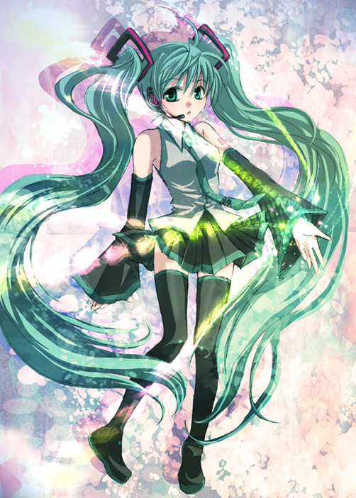 for all z, hatsune miku, vocaloid, bad id, bad pixiv id, boots, detached sleeves, green eyes, green hair, long hair, necktie, skirt, solo, thigh boots, thighhighs, twintails, zettai ryouiki