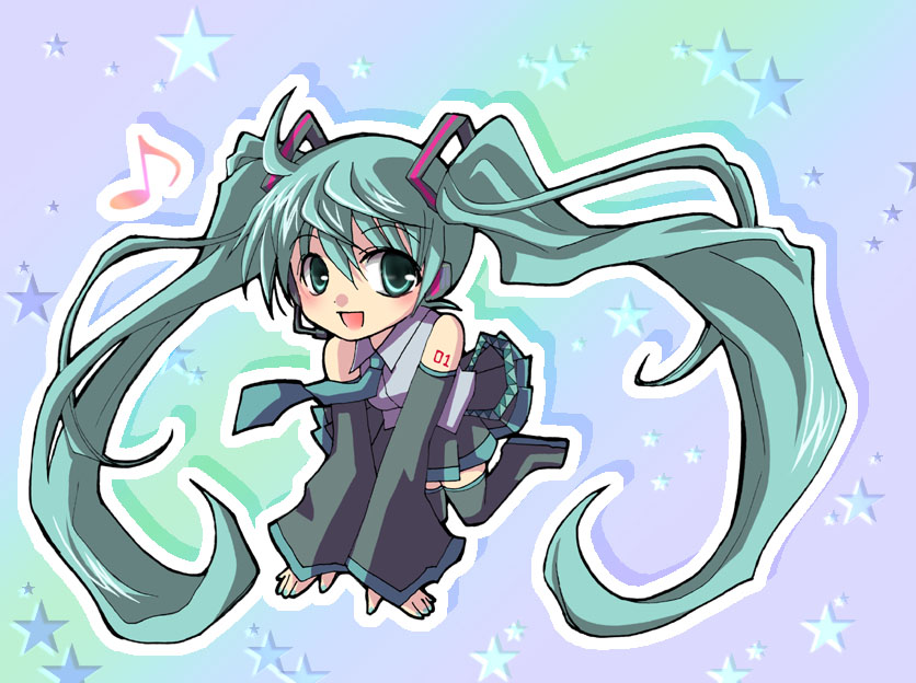 for all z, hatsune miku, vocaloid, bad id, bad pixiv id, aqua eyes, aqua hair, detached sleeves, headset, long hair, musical note, nail polish, necktie, open mouth, solo, star (symbol), tattoo, thighhighs, twintails, very long hair