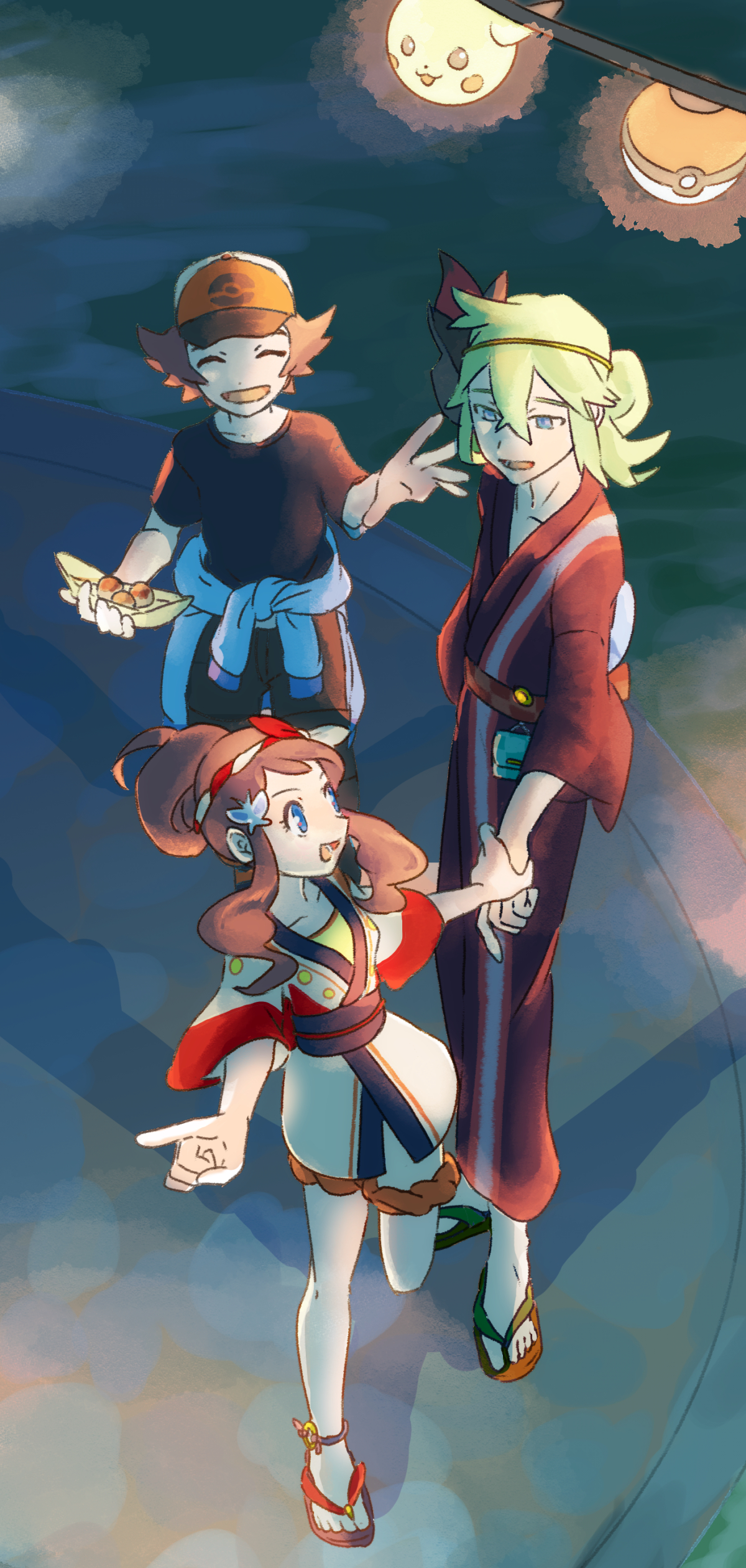 amajilu, hilbert (pokemon), hilda (pokemon), hilda (summer 2022) (pokemon), n (pokemon), n (summer 2022) (pokemon), nintendo, pokemon, pokemon bw, pokemon masters ex, absurdres, highres, 1girl, 2boys, baseball cap, black shirt, blue eyes, brown hair, closed eyes, clothes around waist, food, green hair, hat, jacket, jacket around waist, looking at another, mask, mask on head, multiple boys, official alternate costume, sandals, shirt, standing, takoyaki