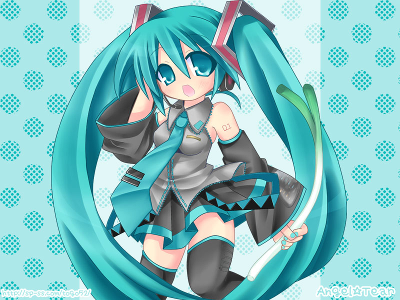 tougo, hatsune miku, vocaloid, 1girl, aqua hair, female focus, long hair, solo, spring onion, thighhighs, twintails, very long hair