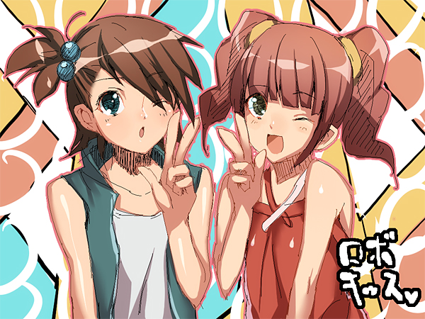 hifumi chiyoko, futami ami, takatsuki yayoi, idolmaster, idolmaster (classic), idolmaster 1, bad id, bad pixiv id, 00s, hair bobbles, hair ornament, one eye closed, twintails, wink
