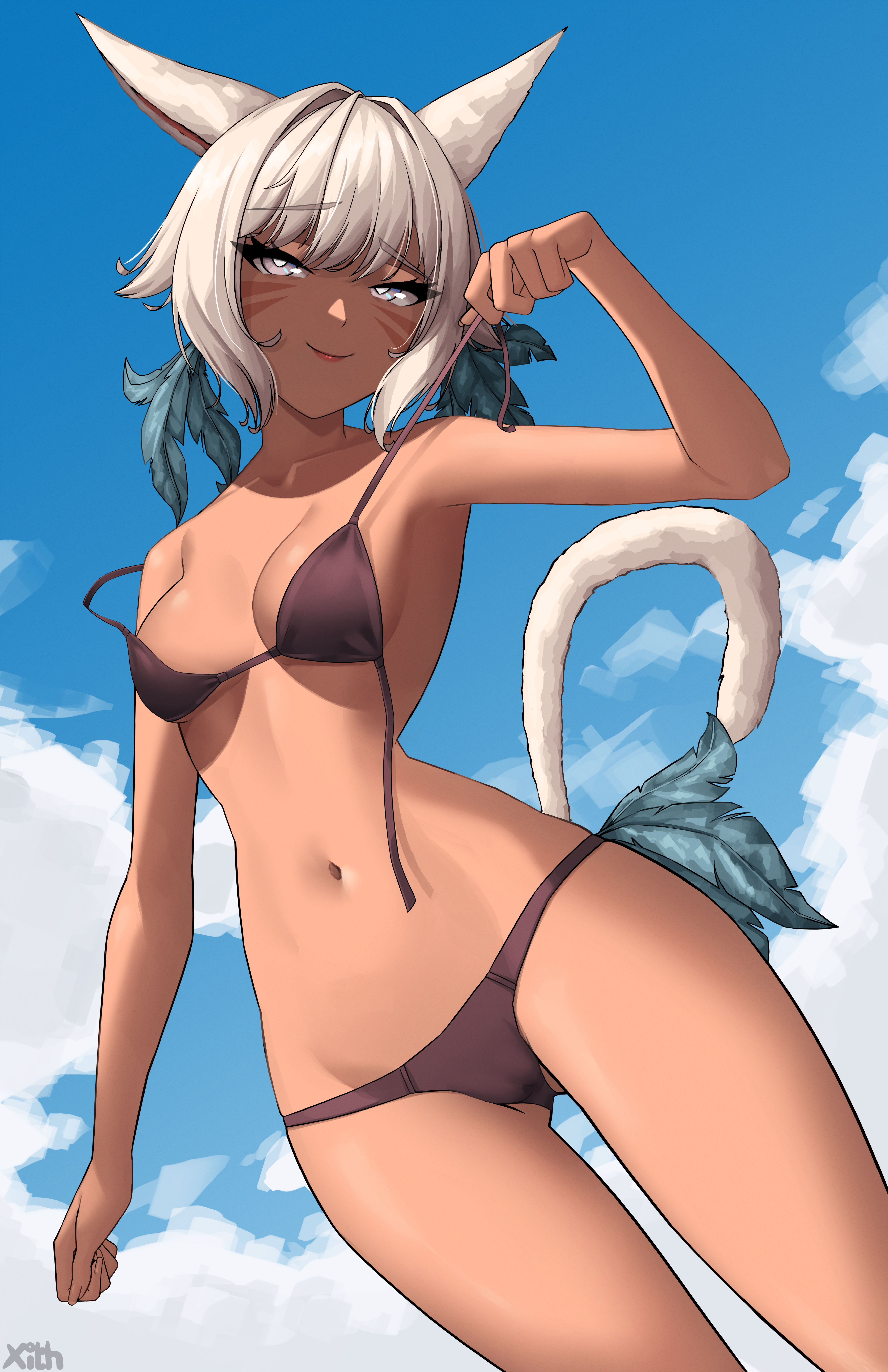 x xith x, y'shtola rhul, final fantasy, final fantasy xiv, absurdres, commentary, english commentary, highres, 1girl, animal ears, arm at side, arm up, bikini, bra, breasts, closed mouth, cloud, cloudy sky, collarbone, cowboy shot, dark-skinned female, dark skin, eyeliner, feather hair ornament, feathers, from below, grey eyes, hair ornament, makeup, navel, open bra, short hair, sky, small breasts, smile, solo, strap pull, swimsuit, underwear, white hair