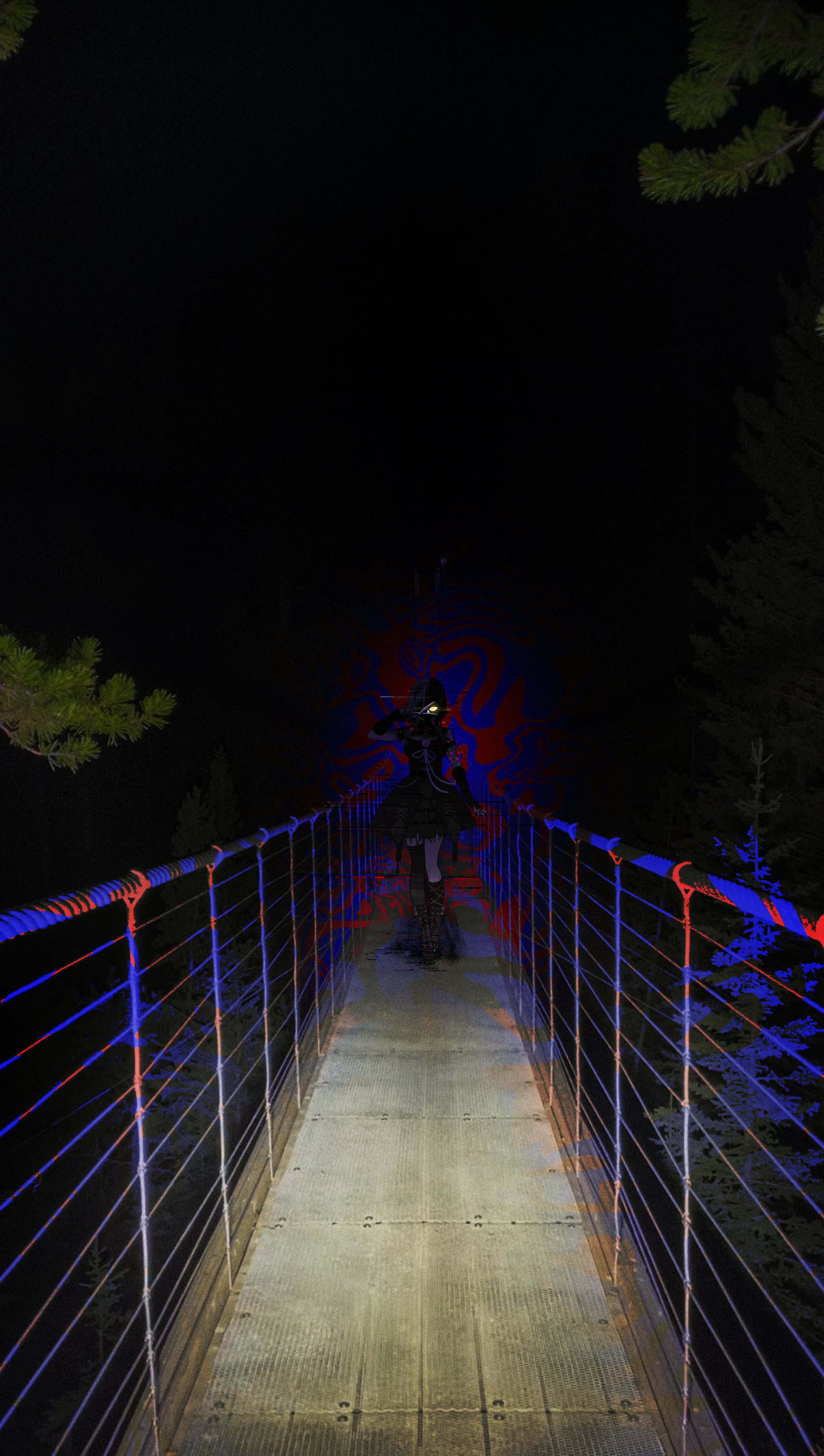 higeji (higeji404), shiori novella, shiori novella (1st costume), hololive, hololive english, absurdres, highres, 1girl, black dress, black hair, black thighhighs, bridge, dress, horror (theme), night, outdoors, pedestrian bridge, single thighhigh, solo, thighhighs, virtual youtuber, yellow eyes