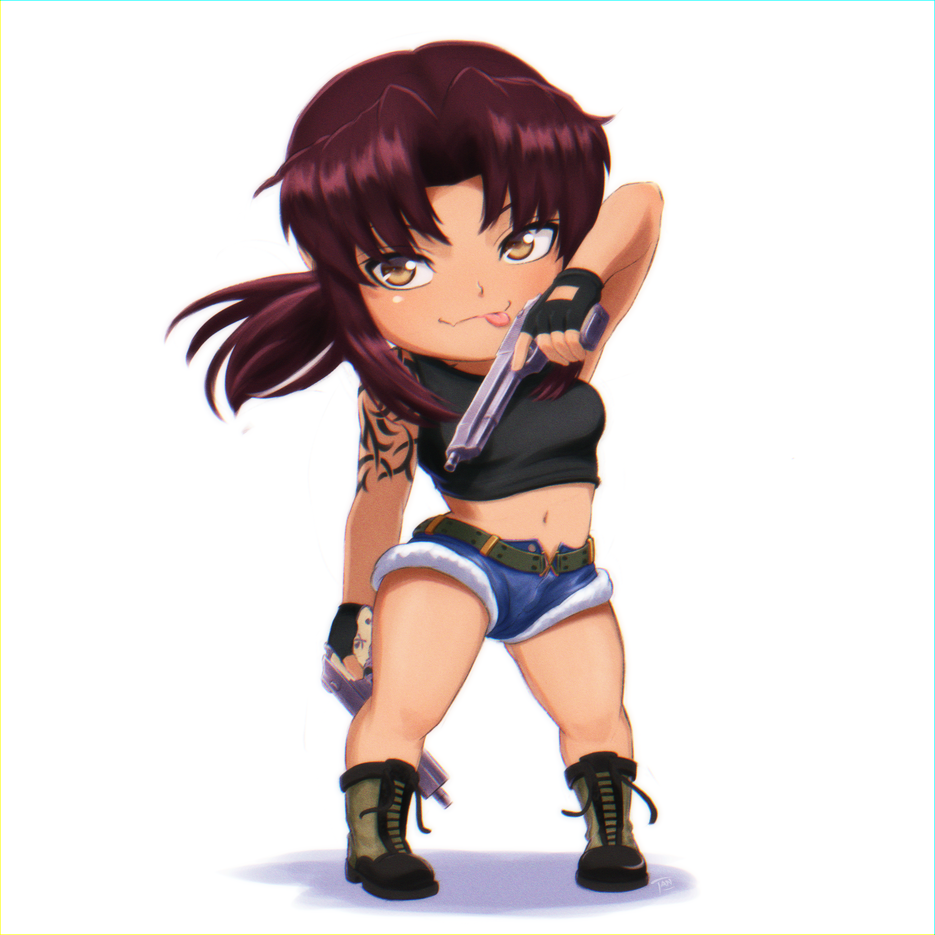 revy (black lagoon), black lagoon, absurdres, highres, 1girl, :p, arm tattoo, belt, beretta 92, black belt, black gloves, black tank top, blue shorts, boots, breasts, brown eyes, brown hair, chibi, crop top, denim, denim shorts, fingerless gloves, full body, gloves, gun, handgun, holding, holding gun, holding weapon, long hair, looking at viewer, medium breasts, midriff, navel, parted bangs, ponytail, short shorts, shorts, simple background, solo, standing, stomach, tan, tan0915, tank top, tattoo, tongue, tongue out, weapon, white background