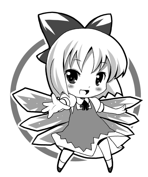 cirno, embodiment of scarlet devil, touhou, 1girl, bow, chibi, female focus, greyscale, monochrome, solo